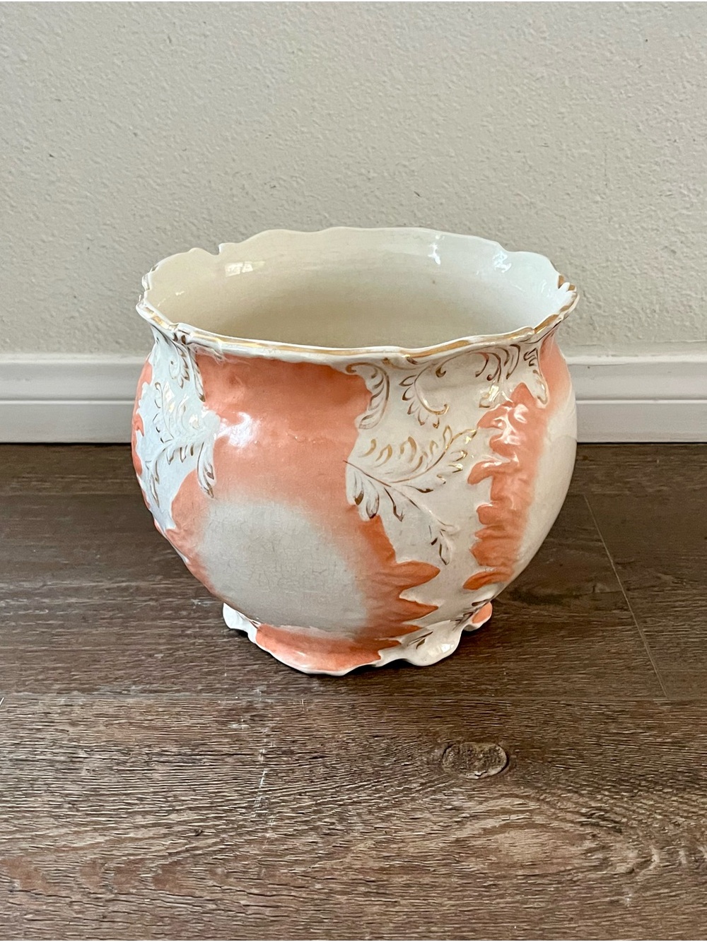 Ornate Coral and Cream Decorative Ceramic Planter from Germany - Picture 8 of 10